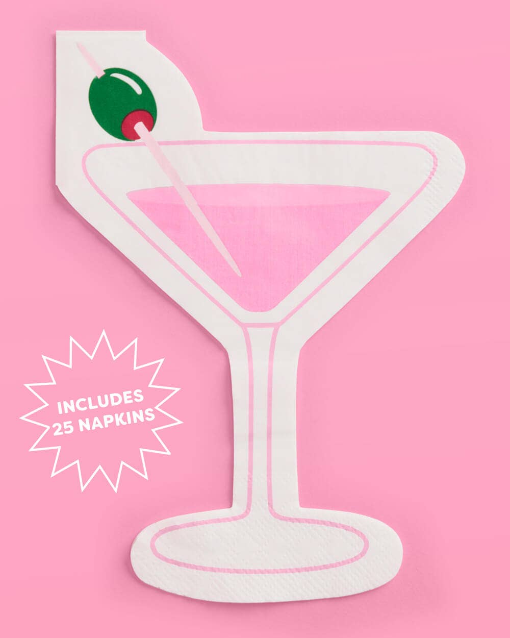 Napkin holder shaped like a martini glass with a cherry on a pink background