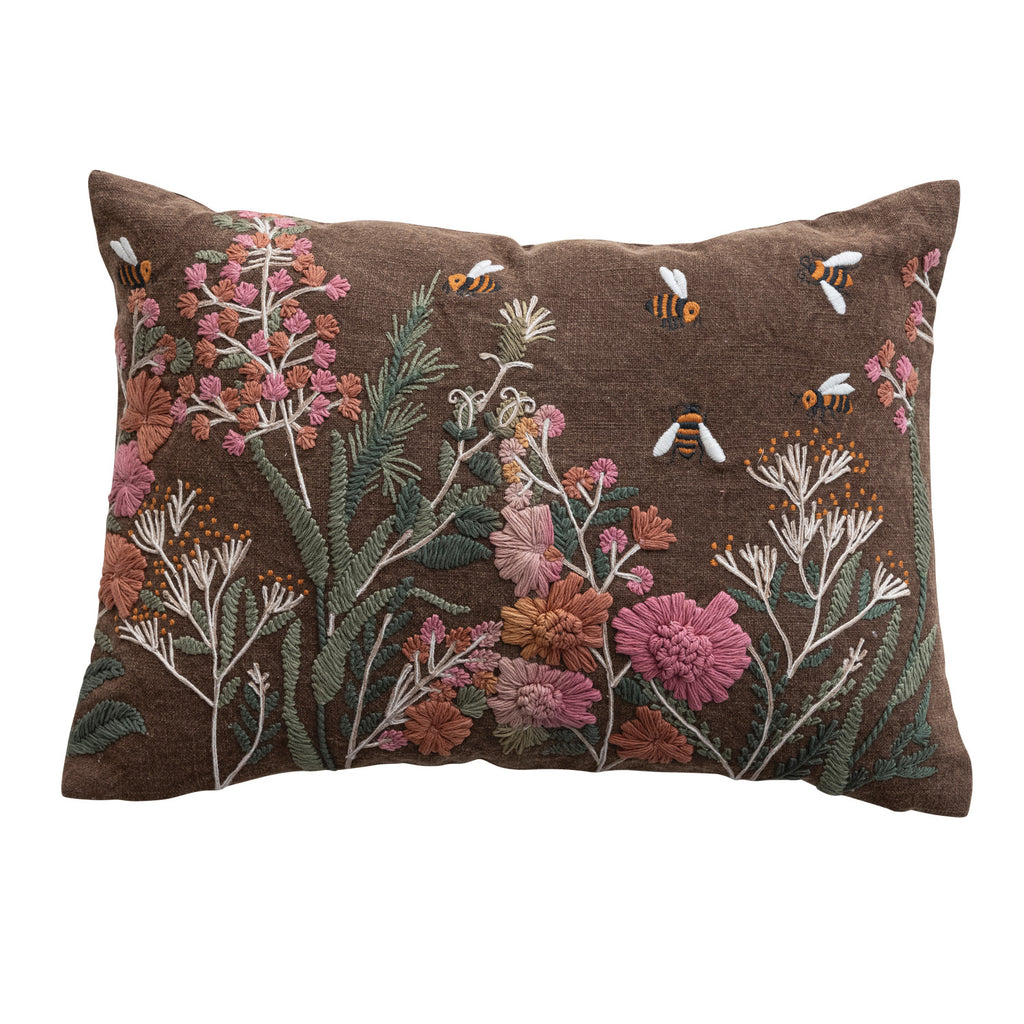 Stonewashed Cotton Pillow with Hand-embroidery