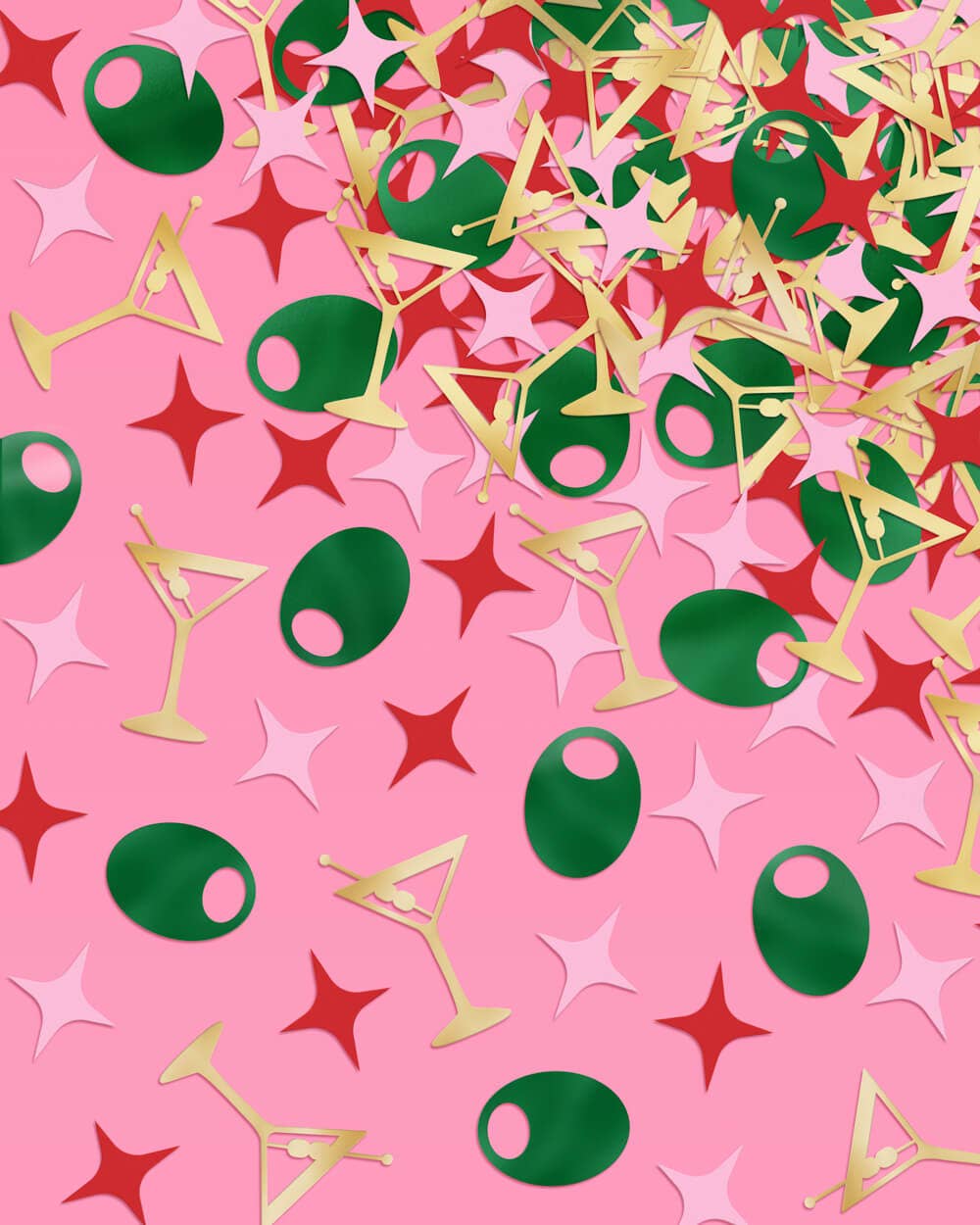 Pattern of green martini glasses, red stars, and gold triangles on a pink background